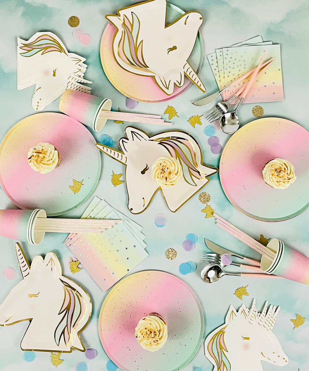 unicorn-tableware rainbow unicorn plates cups napkins birthday party girls