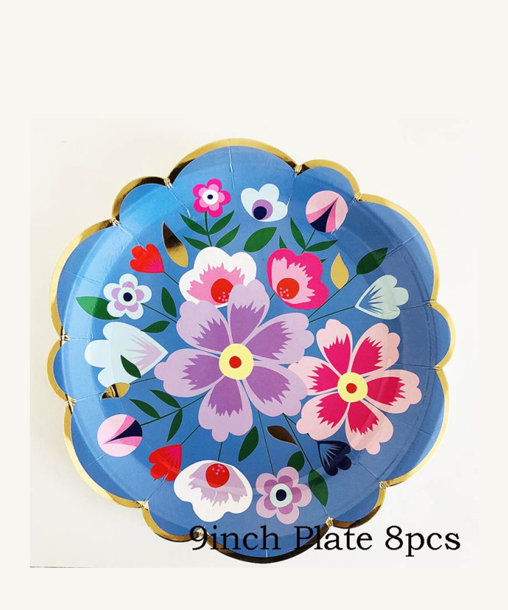 floral-9inplate blue blue butterfly flowers plates birthday party girls