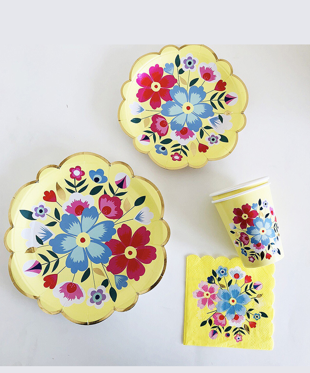floral-tableware yellow yellow butterfly flowers plates cups napkins birthday party girls