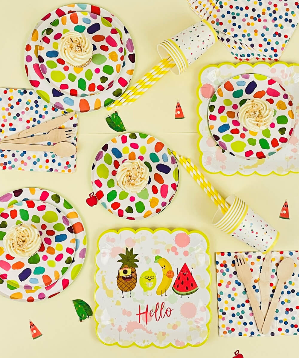 caterpillar-vajilla rainbow colorful dots plates cups napkins birthday party boys girls