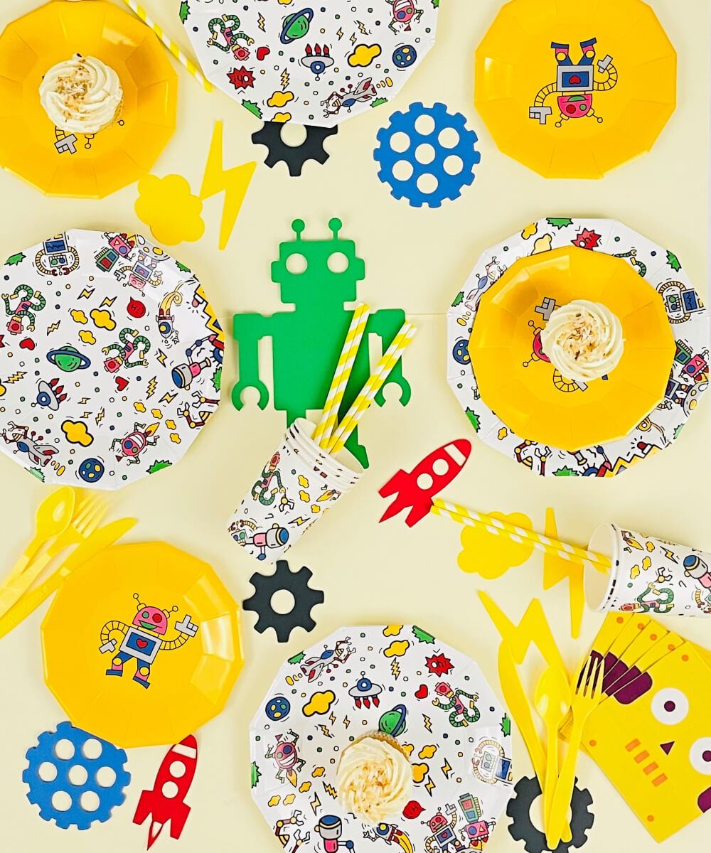 robot-tableware robot themed party tableware space robots plates cups napkins cutlery decorations birthday party girls boys