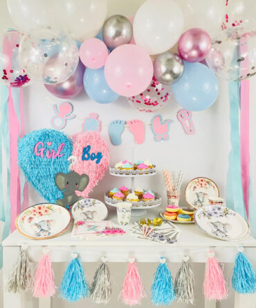 Gender reveal party pinata piñata plates napkins tableware balloons