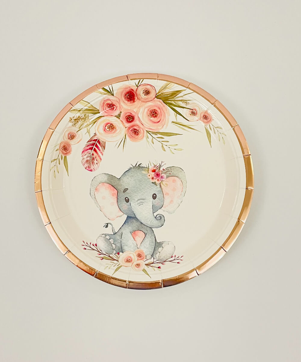cuteelephantpink-9inplate Gender reveal party pinata piñata plates napkins tableware one year baby shower